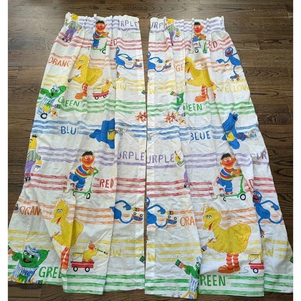Vntg Sesame Street Characters Curtains 4 Panels 61x40 Big Bird Bert Ernie Oscar